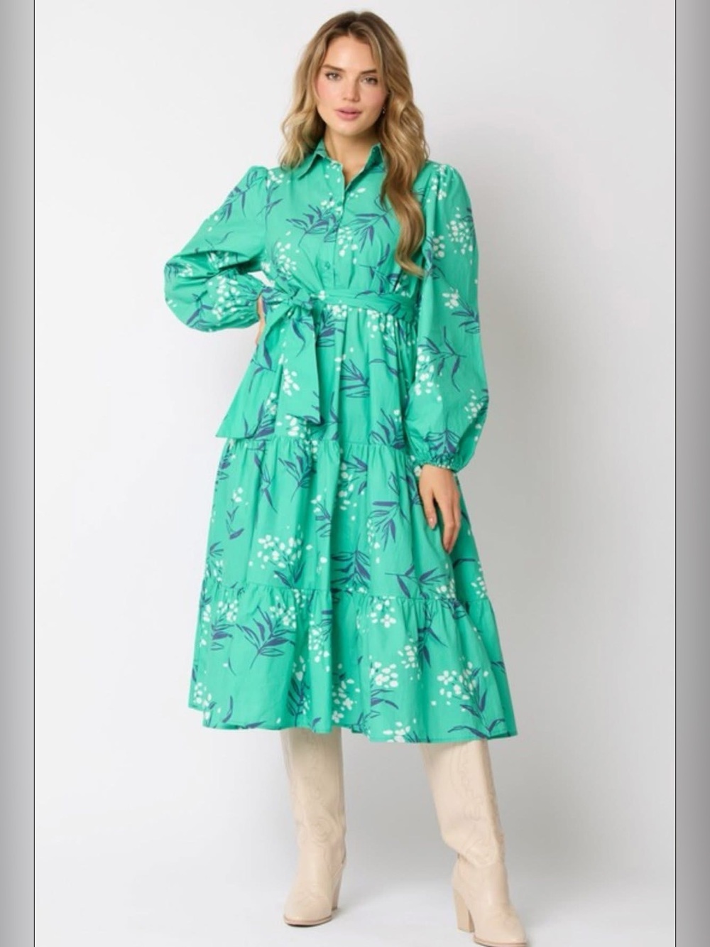 Fantastic Fawn Melinda Teal Floral Midi Dress 100% Cotton Belted Shirt Dress L
